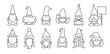 Gnomes or dwarfs isolated linear illustrations. Set of magic cartoon gnome characters. Santa Claus helpers. Line icons. Black and white. Coloring book page