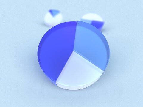 3D rendered transparent pie charts with two marked parts on a light background. Illustration for infographics or presentation of results. Visualization for markets and statistics.