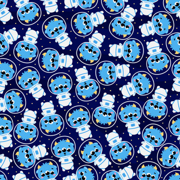 Cute blue monster astronaunt flying around in outer space, seamless pattern on dark background with stars, childish ornament for textile or print