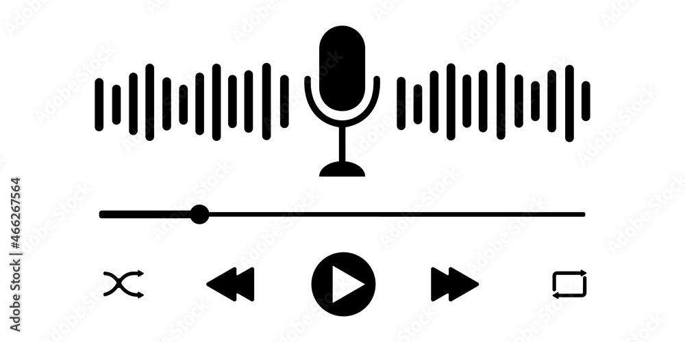 Podcast player interface with microphone, sound wave, loading progress ...