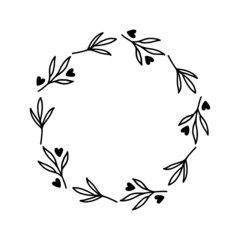 Wall Mural - Hand-drawn wreath with hearts. Black plant doodle wreath.