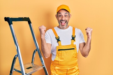 Poster - Handsome middle age man with grey hair holding ladder celebrating surprised and amazed for success with arms raised and open eyes. winner concept.