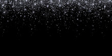 Wide Silver Glitter Shiny Holiday Confetti With Glow Lights On Black Background. Vector