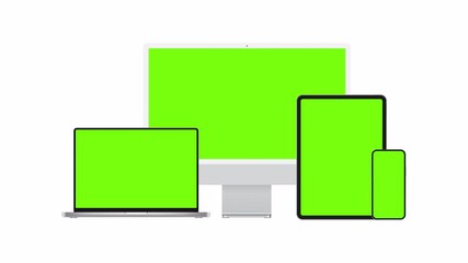 animated modern devices mockups: pc monitor, laptop, tablet, phone with green screens
