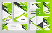 Stripes Theme Abstract Set Flyer Cover, Tri-fold, Banner, Roll Up Banner, Business Card Green Color