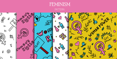 Wall Mural - Set of seamless patterns doodle signs of feminism, women s rights. Grunge hand drawn vector icons of Feminism protest symbols A rally to fight for voting rights