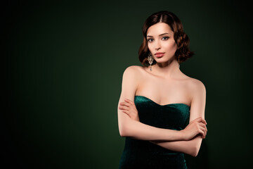 Wall Mural - Photo of young attractive good looking gorgeous girl wear evening dress wealthy lady isolated on green color background