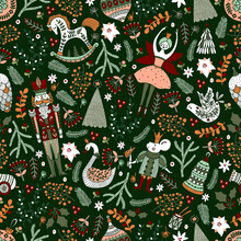 Christmas Vector Seamless Nutcracker Pattern And Winter Florals.  Seamless Pattern Can Be Used For Wallpaper, Pattern Fills, Web Page Background, Surface Textures.