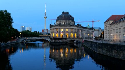 Wall Mural - City of Berlin at dusk in Germany, river view skyline with Bode Museum And Television Tower