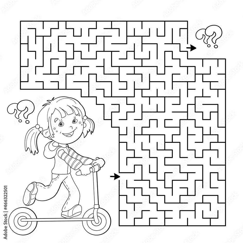 Maze or Labyrinth Game. Puzzle. Coloring Page Outline Of cartoon girl ...