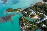 Fototapeta  - Aerial view, beaches with luxury hotels at Cap Malheureux, Grand Gaube, Pamplemousses Region, Mauritius, Africa