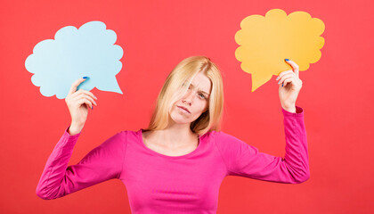 Speech bubble banner. Woman with two dialog signs. Choice. Beautiful girl with advertising card.