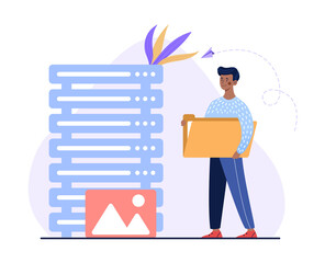 Poster - modern database concept. man holds folder and puts it into system for storing and transmitting infor