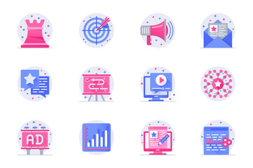 Poster - Marketing concept web flat color icons with shadow set. Pack pictograms of strategy, target, ad campaign, email newsletter and other. Vector illustration of symbols for website mobile app design