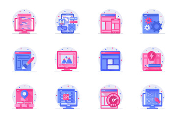 Aufkleber - Design and development concept web flat color icons with shadow set. Pack pictograms of page optimization, layout, settings, image and other. Vector illustration of symbols for website mobile app