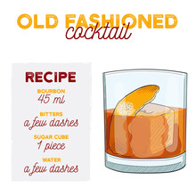 Hand Drawn Colorful Old Fashioned Summer Cocktail. Drink With Ingredients