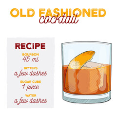 Wall Mural - Hand Drawn Colorful Old Fashioned Summer Cocktail. Drink with Ingredients