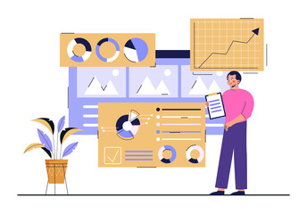 Poster - digital marketing plan. man analyzes statistics and manages direction of company development. accoun