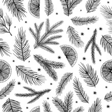 Xmas Seamless Pattern With Christmas Tree Decorations, Pine Branches Hand Drawn Art Design Vector Illustration.