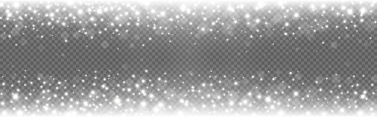 Wall Mural - silver glitter frame. glowing light with snow and rays. shining confetti particles wide poster. chri