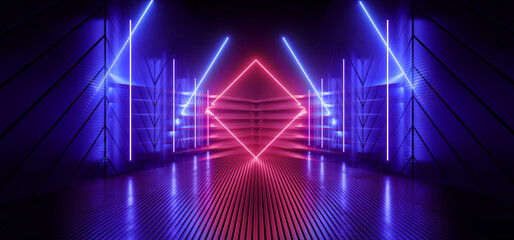 Wall Mural - Neon Laser Sci Fi Cyber Futuristic Spaceship Tunnel Corridor Glowing  Blue Red Lights Metal Columns Showroom Warehouse Underground Cement Concrete Glossy Floor Background Realistic 3D Rendering