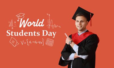 Wall Mural - Greeting card for World Students Day with man in graduation hat