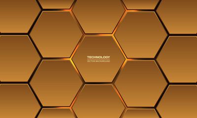 Wall Mural - Gold 3d hexagonal technology vector abstract background. Yellow bright energy flashes under hexagon in modern technology futuristic background vector illustration. Orange honeycomb texture grid.