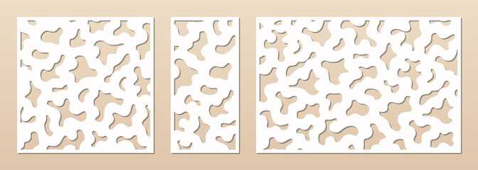 Laser cut patterns. CNC cutout silhouette with abstract geometric texture, fluid forms, organic shapes. Decorative panel for laser cutting of wood, metal, paper, plastic. Aspect ratio 1:1, 1:2, 3:2