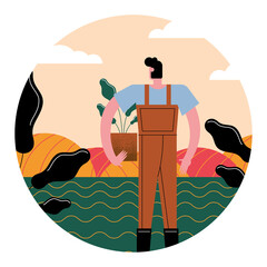 Sticker - male farmer lifting houseplant