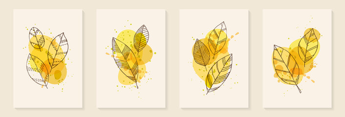 Abstract art autumn watercolor orange and yellow background with doodle leaves. design background greeting cards and invitations seasonal autumn, fall holidays