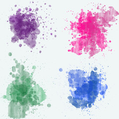  4 abstract splash watercolor violet, pink, green and blue, abstract design and splash art.