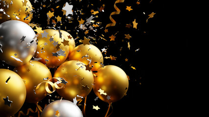 Gold and silver balloon with foil confetti falling on black background 3d render