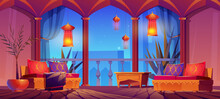 Arabic Living Room Interior, Middle East Hotel Or Palace Oriental Design With Furniture, Balcony And Arched Windows With Night Ancient City View, Arab Islamic Dwelling, Cartoon Vector Illustration