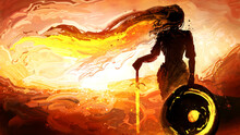 A Feminine Silhouette Of A Knight Girl With A Shield On Which A Crescent Moon And A Golden Glowing Sword, She Has Long Magical Hair, Against The Background Of A Bright Sunset. 2d Oil Illustration