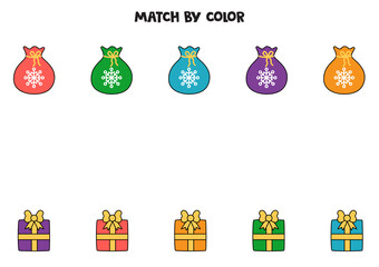 Wall Mural - Color matching game for preschool kids. Match presents and bags by colors.