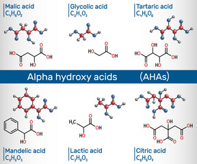 Alpha hydroxy acids, AHA. Glycolic C2H4O3, lactic C3H6O3, malic C4H6O5, tartaric C4H6O6, citric C6H8O7, mandelic acid C8H8O3 molecule. Structural chemical formula, molecule model. Vector illustration