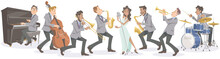 Jazz Singer And Musicians Performing Enthusiastically On Isolated White Background. Playing With Musical Instruments And Vocal. Vector Illustration In Flat Cartoon Style.
