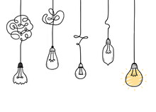 Concept Of Simplifying Complex, Confuse Problem, Purpose Understand. Chaos Path And Idea Concept With Doodle Lightbulbs. Hand Drawn Sketch Style Vector Illustration.