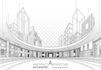 Aufkleber - 3D illustration linear drawing. Imagination architecture urban building design, architecture modern abstract background. 