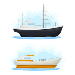 Wall Mural - water transport with regular ship with cabin and yacht vector set