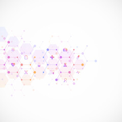 Poster - Medical background and healthcare technology with flat icons and symbols. Design template of concept and idea for health care business, innovation medicine, health safety, science