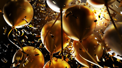 Wall Mural - Gold and silver balloon with foil confetti falling on black background 3d render