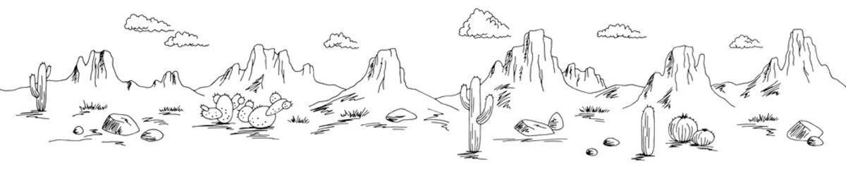 Prairie graphic black white wild west desert long landscape sketch illustration vector 
