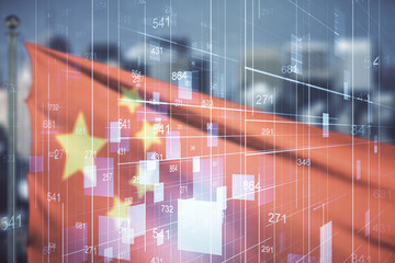 Poster - Abstract virtual stats data hologram on flag of China and blurry cityscape background. Multiexposure