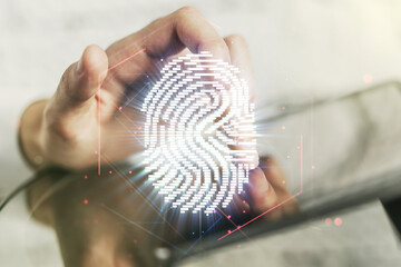 Aufkleber - Double exposure of abstract creative fingerprint hologram with finger clicks on a digital tablet on background, protection of personal information concept