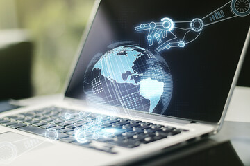 Aufkleber - Creative concept of robotics technology with globe sketch on modern laptop background. Robot development and automation concept. Multiexposure