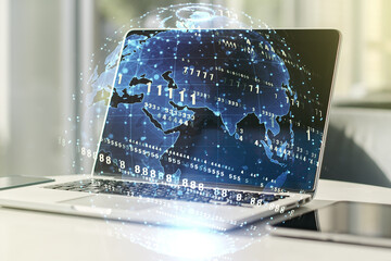 Poster - Multi exposure of abstract graphic coding sketch with world map on modern computer background, big data and networking concept