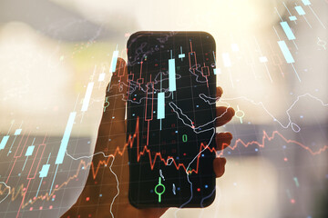 Poster - Multi exposure of abstract creative financial chart with world map and hand with cell phone on background, research and analytics concept