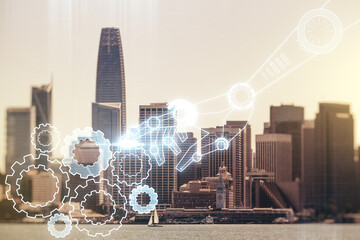 Aufkleber - Abstract virtual robotics technology sketch on San Francisco office buildings background, future technology and AI concept. Double exposure