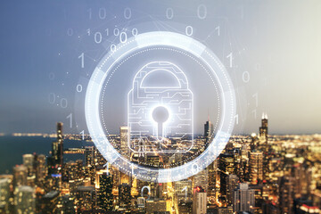 Poster - Virtual creative lock symbol and microcircuit illustration on Chicago skyline background. Protection and firewall concept. Multiexposure